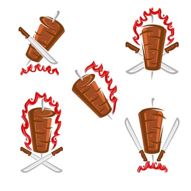 Kebap etiketleri ve elemanları ayarlanır. Koleksiyon simgesi kebaplar. Vektör