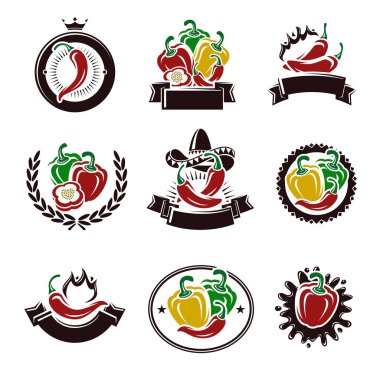 Biber ve biber etiketleri elemanları ayarlayın. Toplama simgesi biber. Vektör