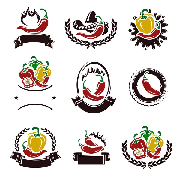 Chili Peper Etiketten Elementen Set Collectie Icoon Peper Vector — Stockvector