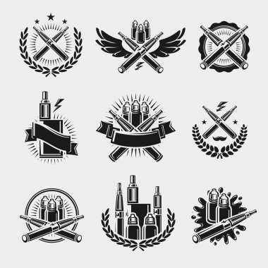 Elektronik sigara etiketleri ve elemanları ayarlayın. Koleksiyon simgesi elektronik sigara. Vektör