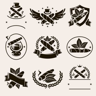 Puro etiketi ve simgeler hazır. Koleksiyon ikonu puroları. Vektör