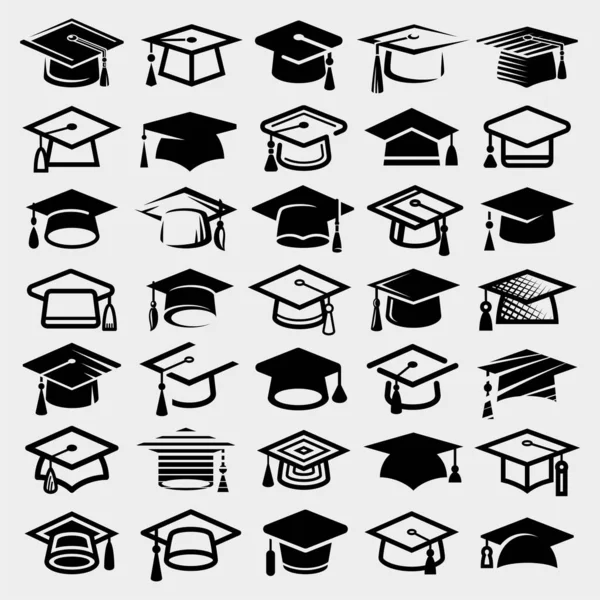 Σετ Καπέλων Αποφοίτησης Συλλογή Εικονίδιο Καπέλο Αποφοίτησης Διάνυσμα — Διανυσματικό Αρχείο