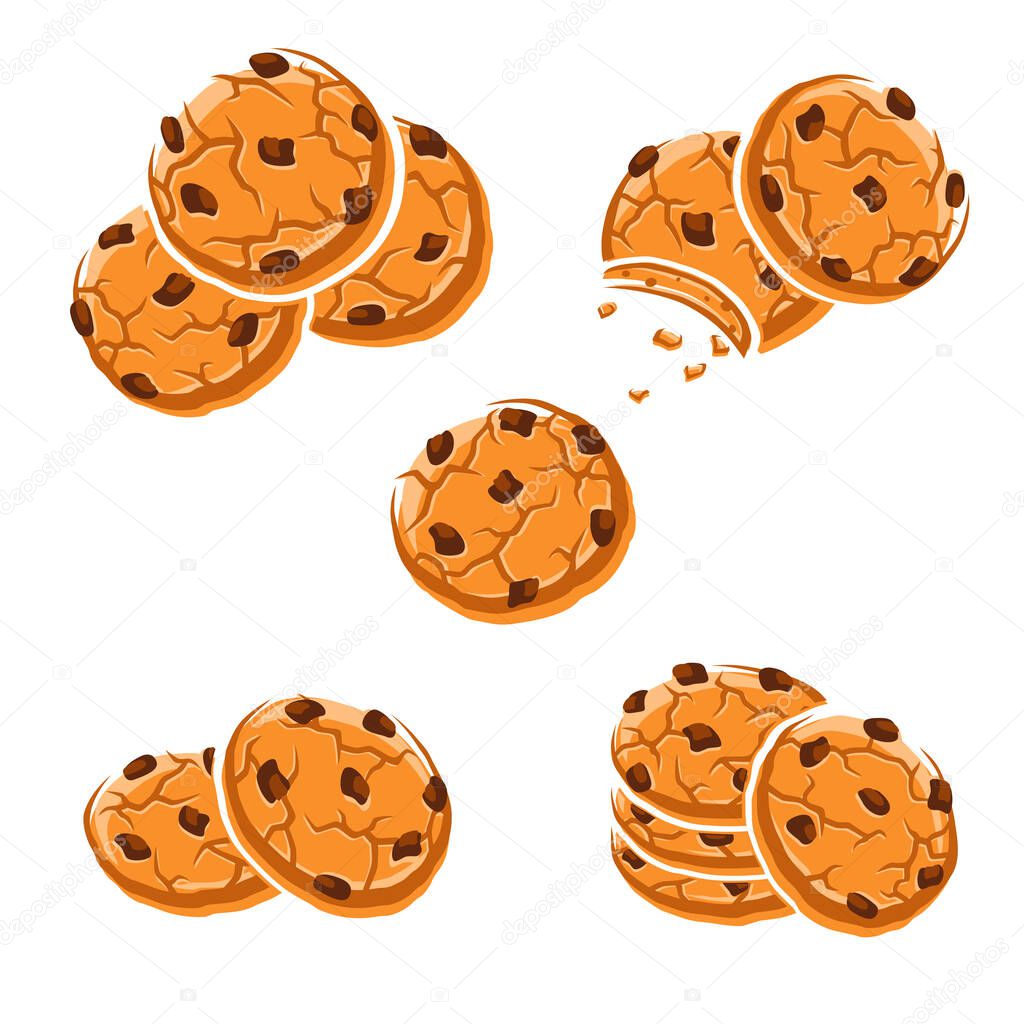 Chocolate chip cookies set. Collection icon chocolate chip cookies. Vector