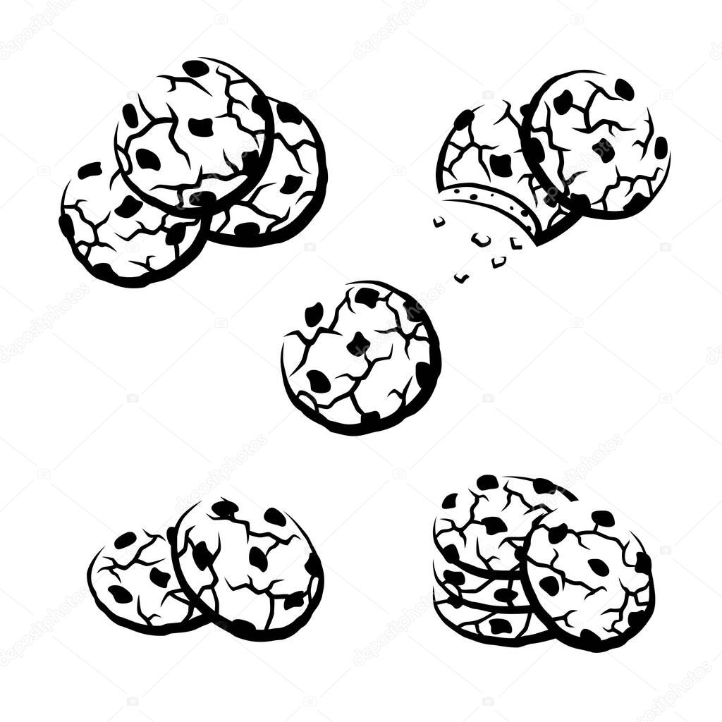Chocolate chip cookies set. Collection icon chocolate chip cookies. Vector