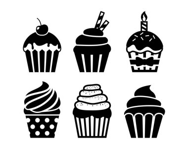 Siyah top kek Icons set izole. Tepesi, krem, Doğum günü mumu, kiraz ve ile cupcakes.