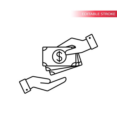 Para simgeleri tutan ince çizgi el. El ile banknotlar. Nakit ödeme ve alıcı para simgesi. Ödeme para simgeler. Tamamen düzenlenebilir.