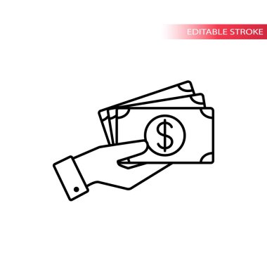 Para simgesi tutan ince çizgi el. El ile banknotlar. Nakit ödeme simgesi. Tamamen düzenlenebilir.