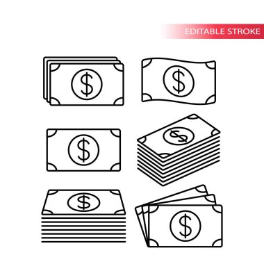 İnce çizgi Doları para simgeleri tamamen düzenlenebilir yığını. Banknot Icon set. Para simgeleri yığını. Para yığını.