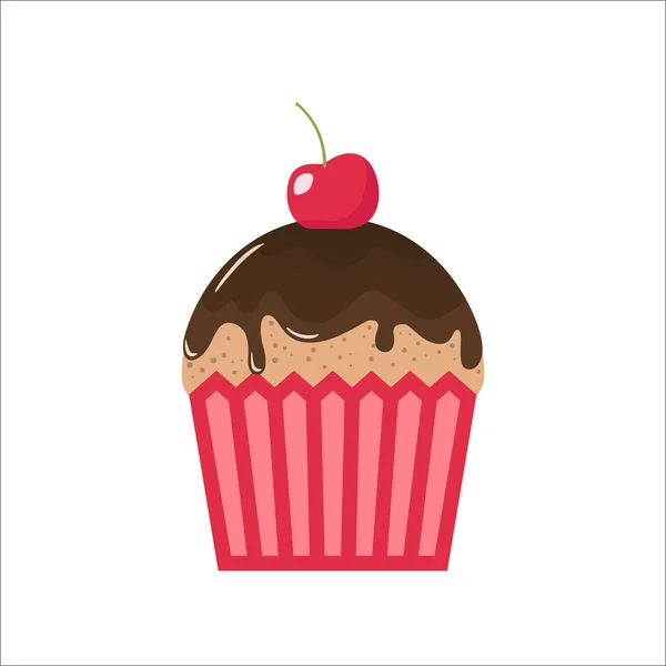 Kreslený Čokoládové Košíčky Třešničkou Dortu Kreslený Cupcake Clipart Čokoládovou Polevou — Stockový vektor
