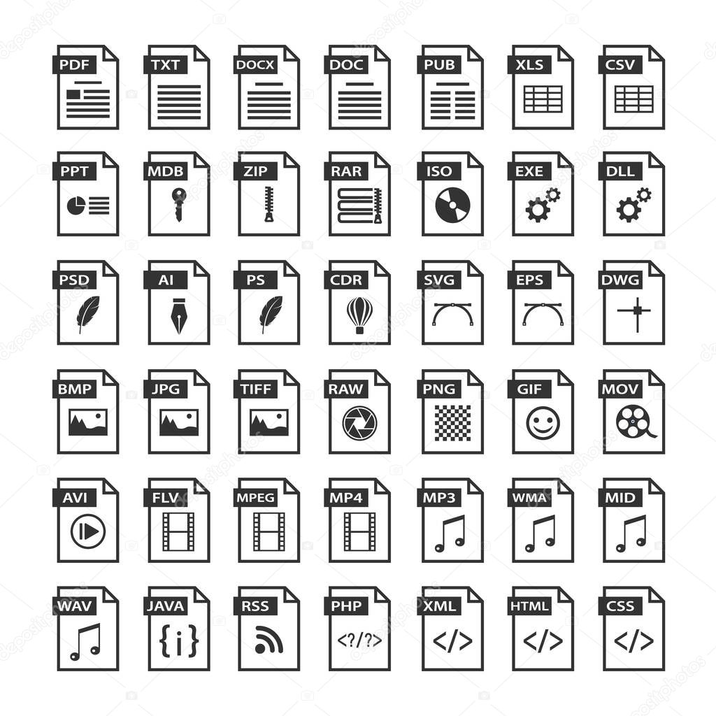 File type icons. Files format icon set in black and white, software symbols buttons