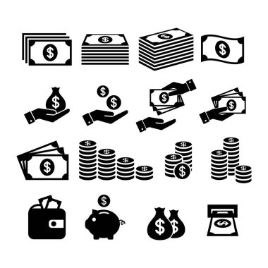 Mali Icon set. Para simgeler. Para yığını, sikke yığını, kumbara, para, nakit ödeme, para simgeleri tutan el ile cüzdan.