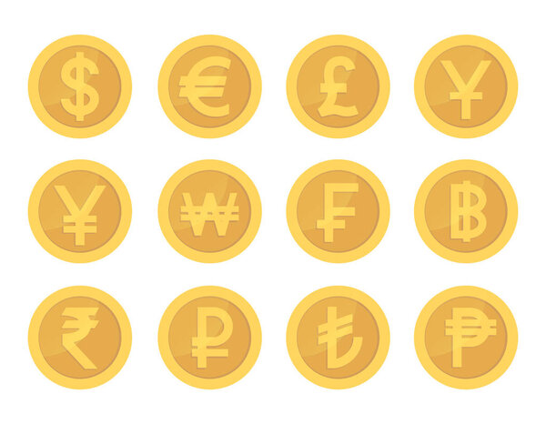Golden coin set of icons. Gold pictogram coins collection.