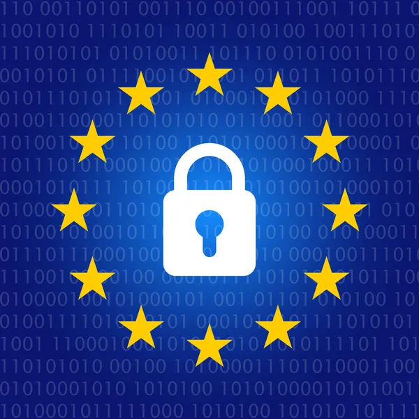 Gdpr konsept illüstrasyon AB yıldız ve asma kilit ile. Genel veri koruma yönetmeliği simgesi mavi degrade ve ikili kod.