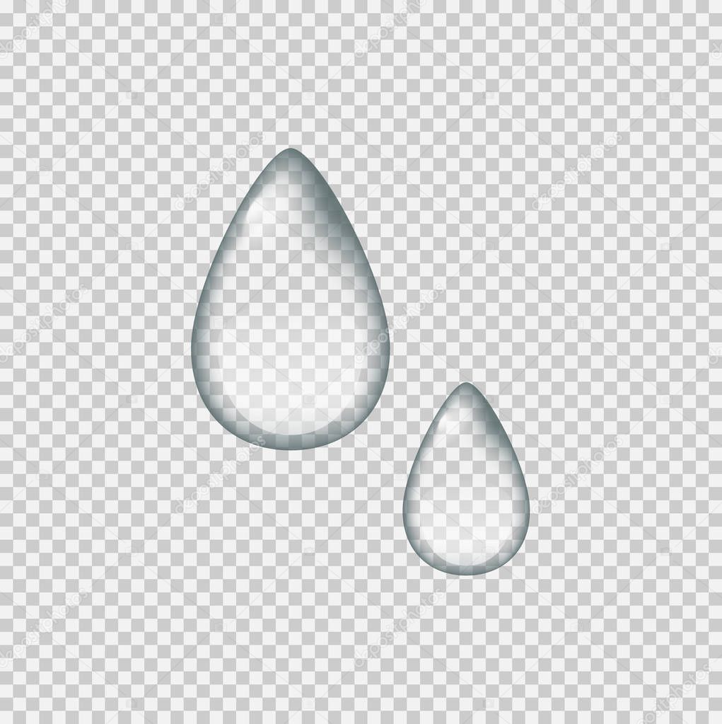 Realistic tear like water drops on transparent background. Water droplets.