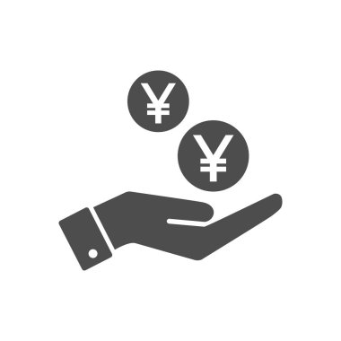 Düz simgesi bırakarak el ve yen paralar. Japon yeni sikke ve palmiye resim simgesi simgesi.