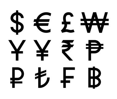Popular countries currencies symbols. Black isolated currency icons. clipart