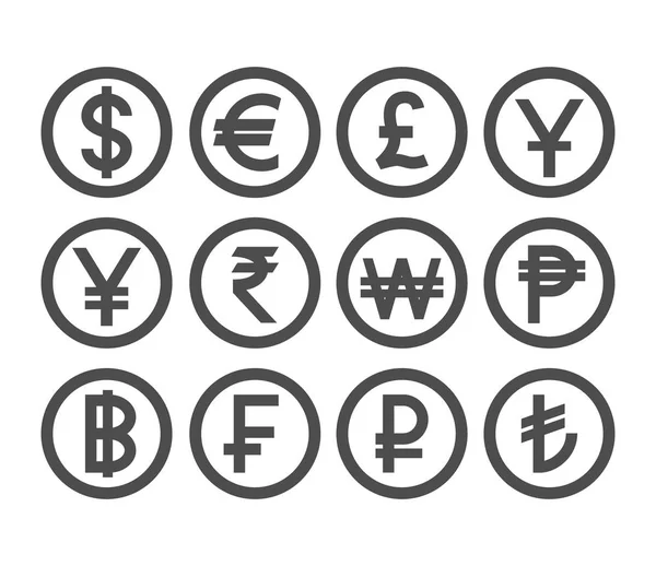 Collezione Monete Valuta Popolare Paesi Valute Conio Monete — Vettoriale Stock