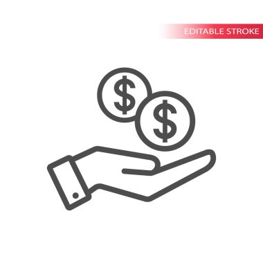 Anahat el düşen doları sikkelerin düz simgesi. El ve web ekibimizi bırakarak para. Dolar para ve bir palmiye.