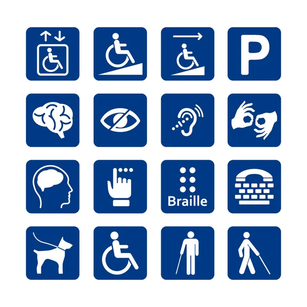 蓝色正方形残疾图标的集合 禁用的图标集 智力残疾图标 — 图库矢量图片
