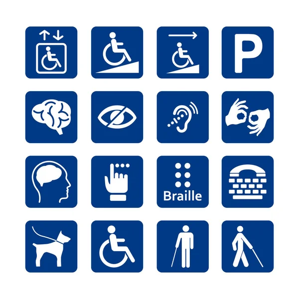 Mavi kare sakatlık simgeler kümesi. Icon set devre dışı. Zihinsel, fiziksel, duyusal, fikri Engellilik simgeler.