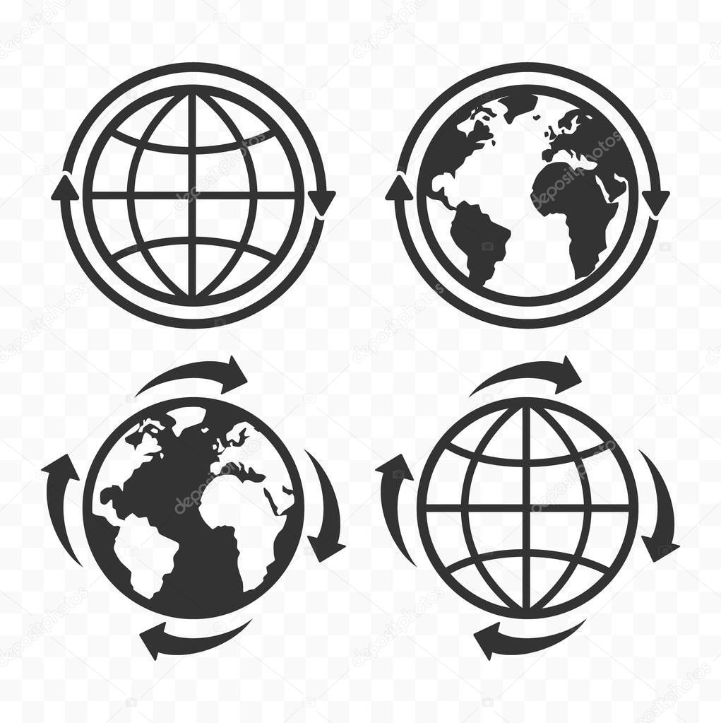 Globe web icon set with arrows. Planet Earth icons and arrows.