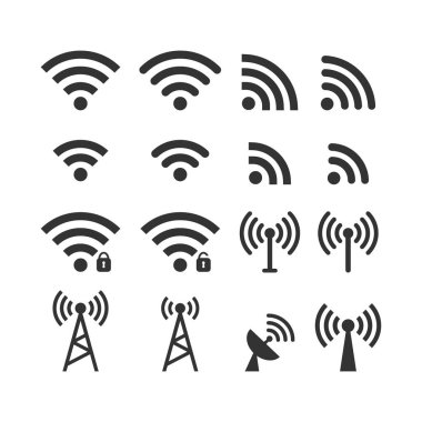 Kablosuz sinyal web simge seti. Wi fi simgeler. Güvenli, güvenli olmayan, anthena, simgeler beacon parola korumalı.