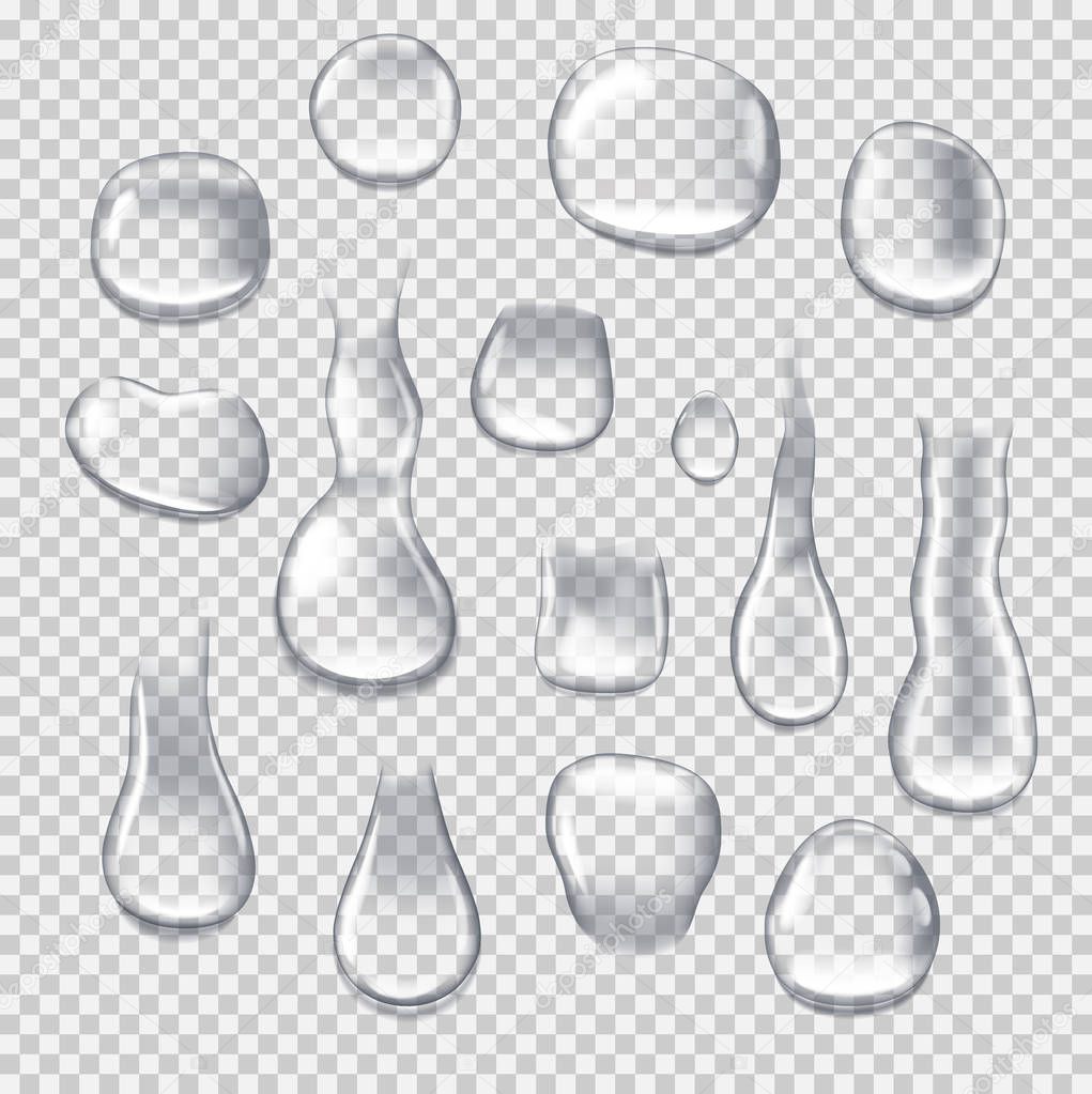 Realistic 3d water drops on transparent background. Water droplets, rain drops.