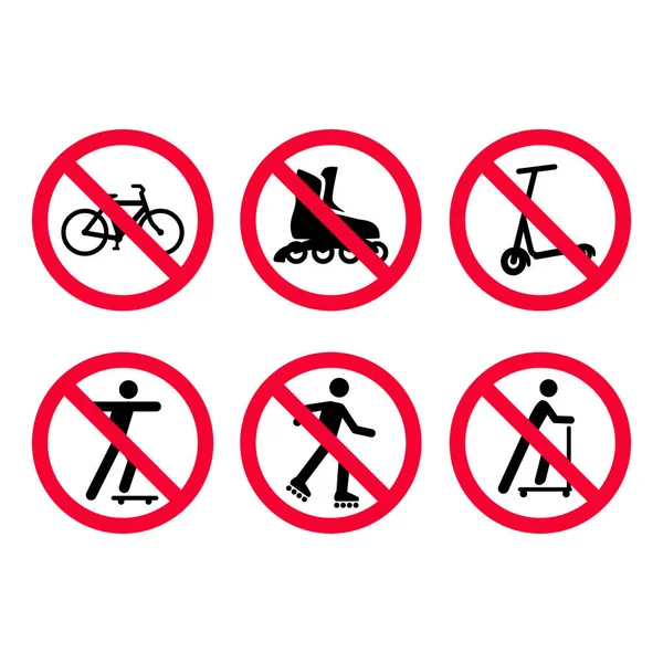 Rode Verbod Tekenen Instellen Geen Fietsen Mountainbiken Geen Rolschaatsen Geen — Stockvector