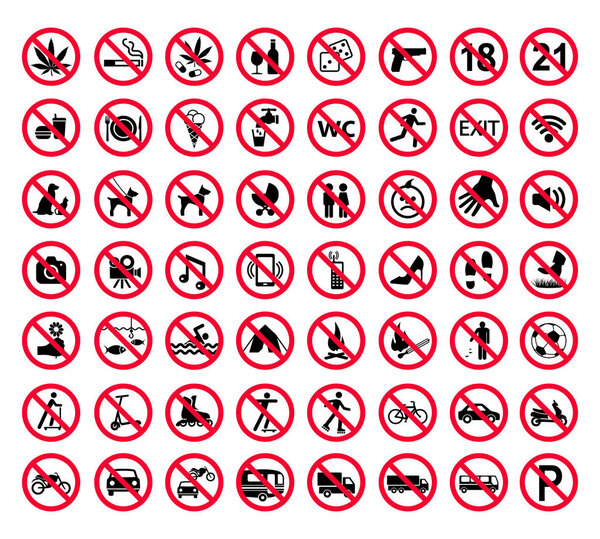 Red prohibition sign set. Forbidden signs collection, 