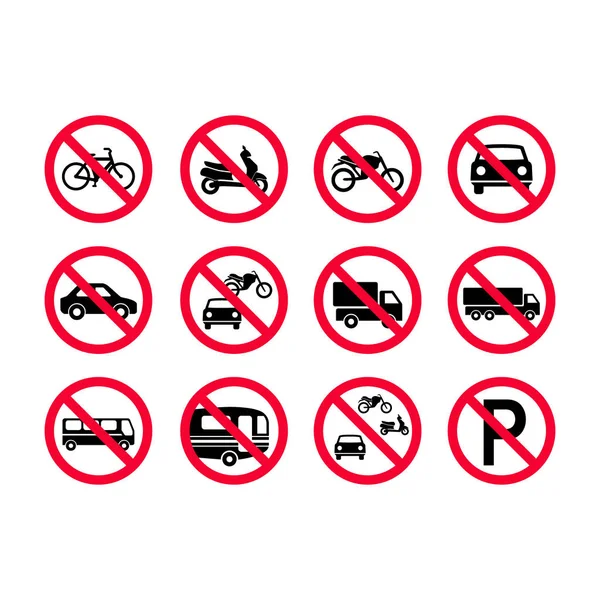 Red Prohibition Vehicles Sign Set Motor Vehicles Bicycles Automobiles Trucks — Stock Vector