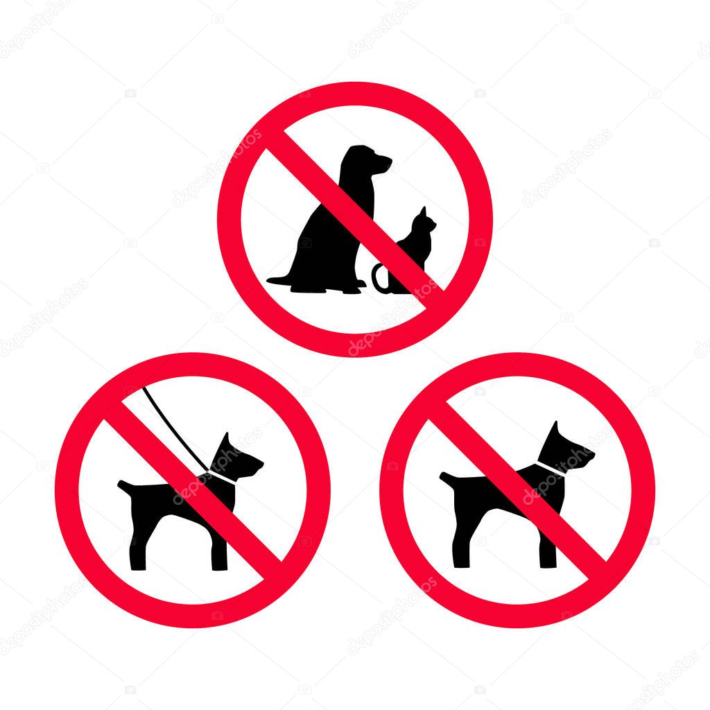 No dogs, no pets, no leash dogs, no free dogs red prohibition sign. Pets not allowed.