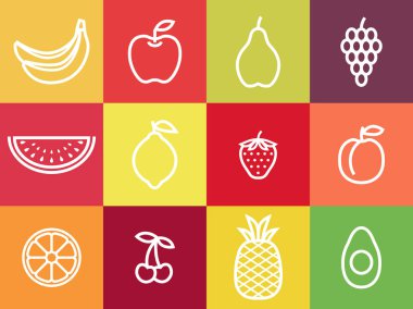 Beyaz anahat meyve Icon set. Beyaz kontur renkli kareler, hiçbir dolgu rengi merkezli simgeler meyveler