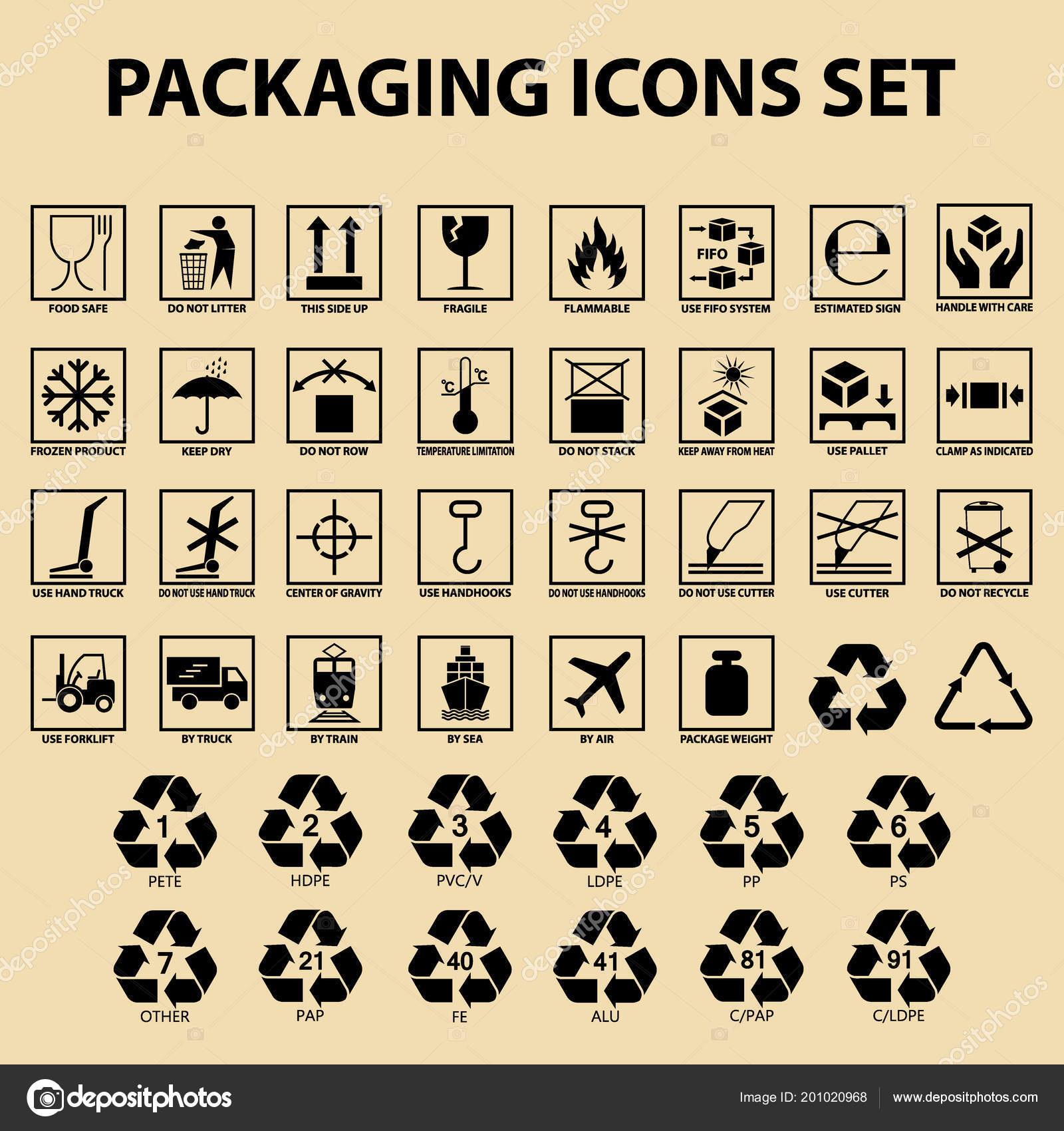 Set Packaging Icons Packing Cargo Labels Delivery Service Symbols Boxes ...