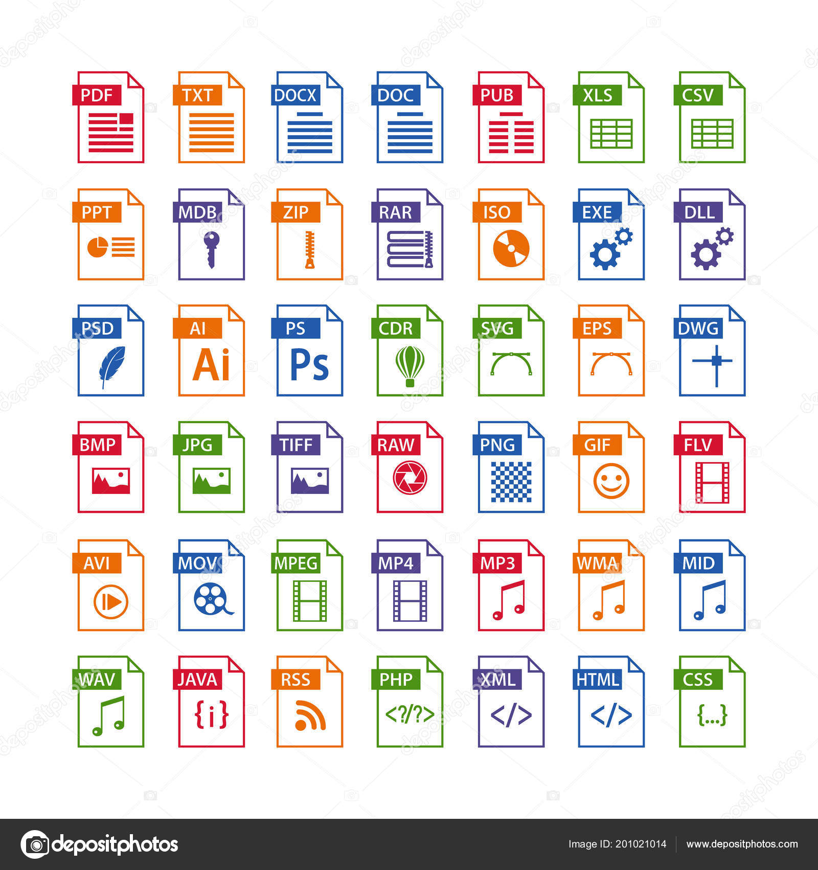 Colorful Set File Type Icons File Format Icon Set Color Stock Vector By