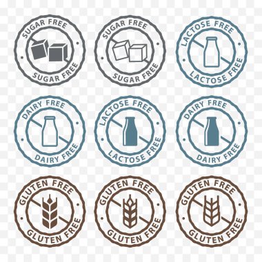 şeker ücretsiz, süt ücretsiz, laktoz ücretsiz, gluten ücretsiz ambalaj etiketi etiket simgeler