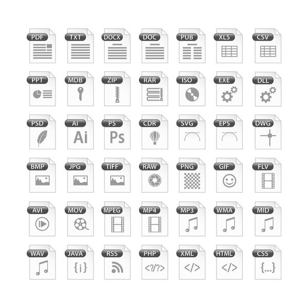 grey set of file type icons. file format icon set in black and white, files symbols buttons