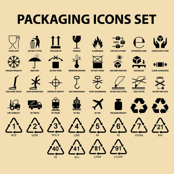 Set Packaging Icons Packing Cargo Labels Delivery Service Symbols Boxes — Stock Vector