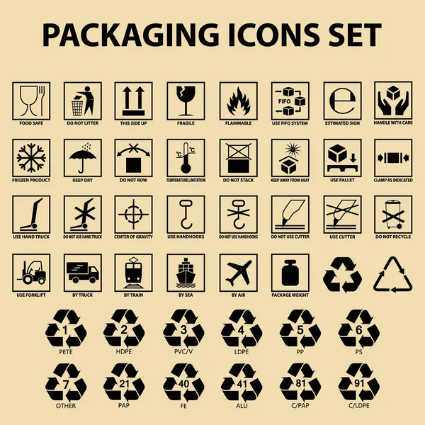 set of packaging icons, packing cargo labels, delivery service symbols for boxes, shipping symbols