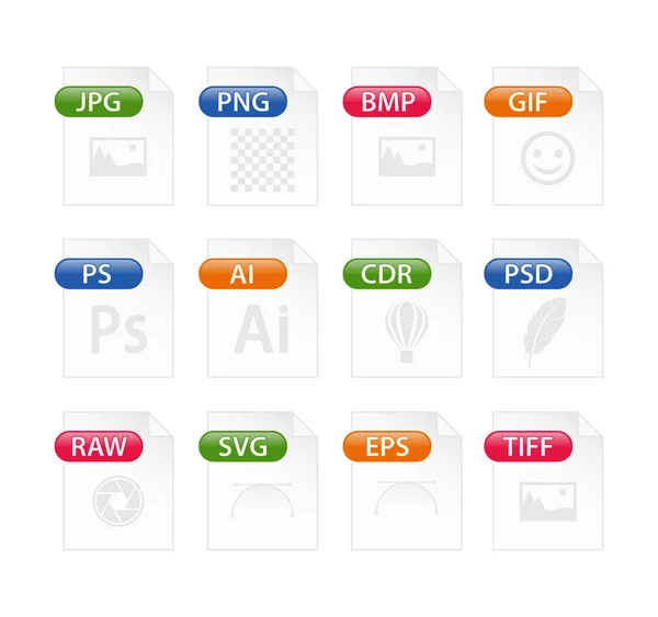 Bunte Reihe Von Dateitypen Symbolen Dateiformat Symbol Farbe Gesetzt Dateisymbole — Stockvektor