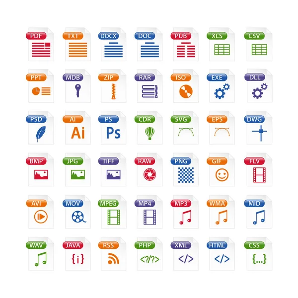 Jeu Coloré Icônes Type Fichier Icône Format Fichier Couleur Boutons — Image vectorielle