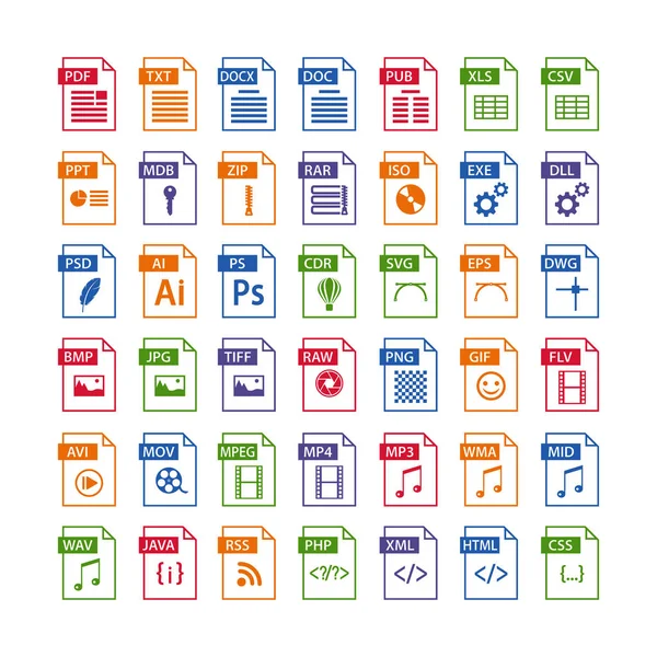 Красочный Набор Значков Типов Файлов Иконка Формата Файла Цвете Кнопки — стоковый вектор
