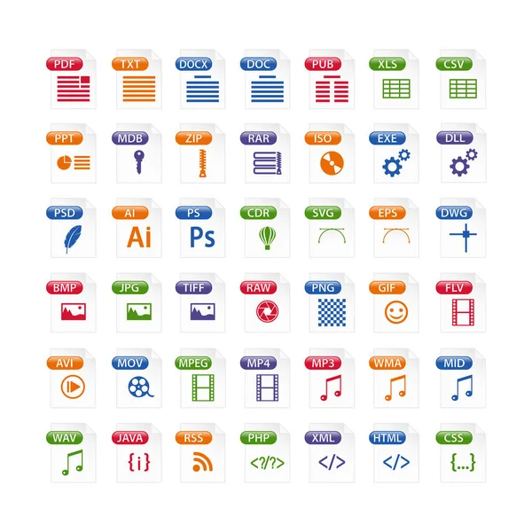 Colorful set of file type icons. file format icon set in color, files symbols buttons — Stock Illustration Colorful Set File Type Icons File Format Icon Set Color Royalty Free Stock Vectors