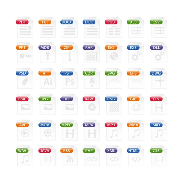 Colorful set of file type icons. file format icon set in color, files symbols buttons — Stock Illustration Colorful Set File Type Icons File Format Icon Set Color Vector Graphics