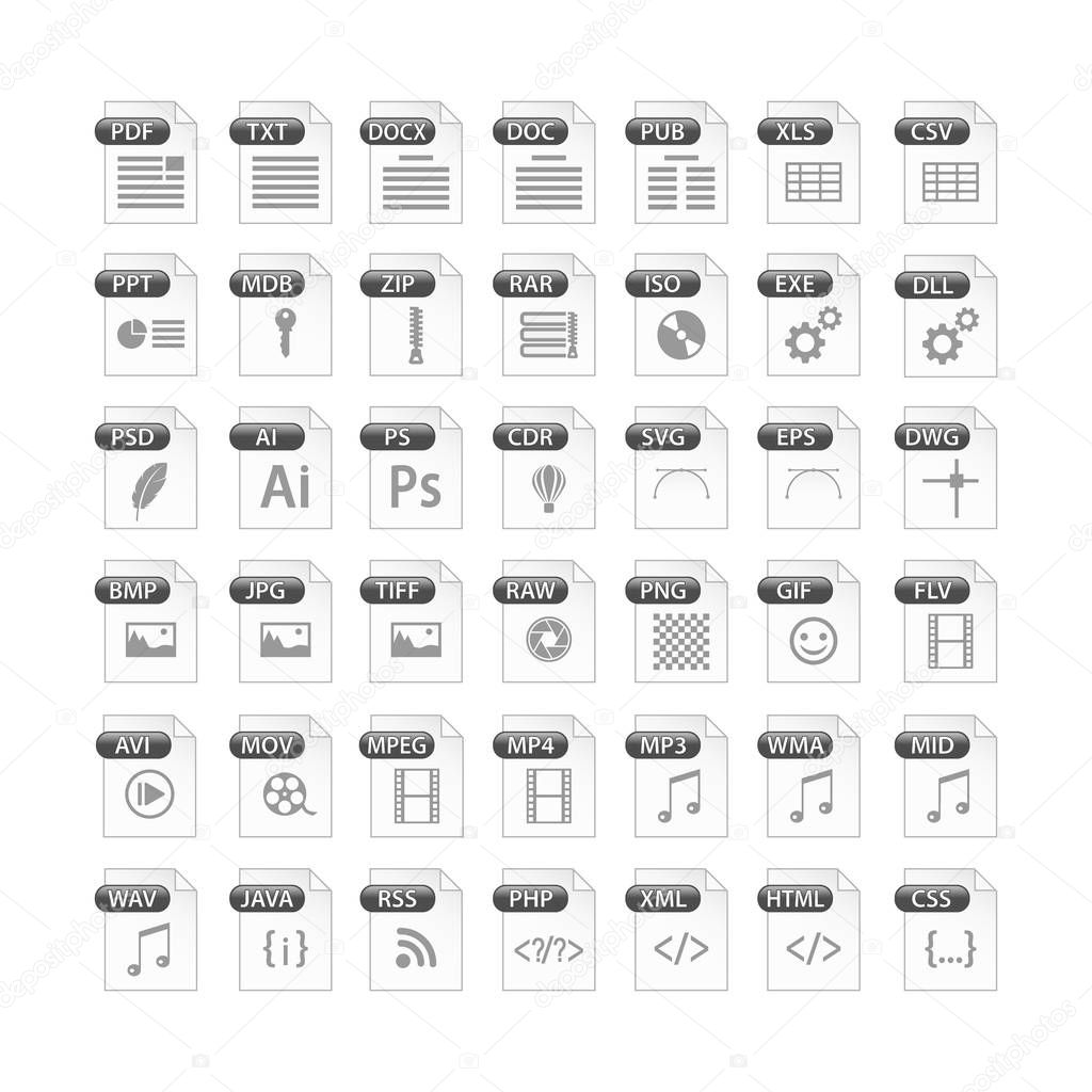 Grey set of file type icons. file format icon set in black and white, files symbols buttons