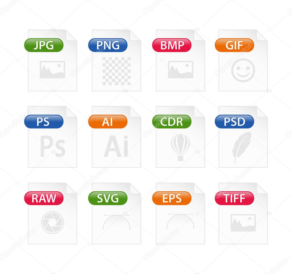 Colorful set of file type icons. file format icon set in color, files symbols buttons