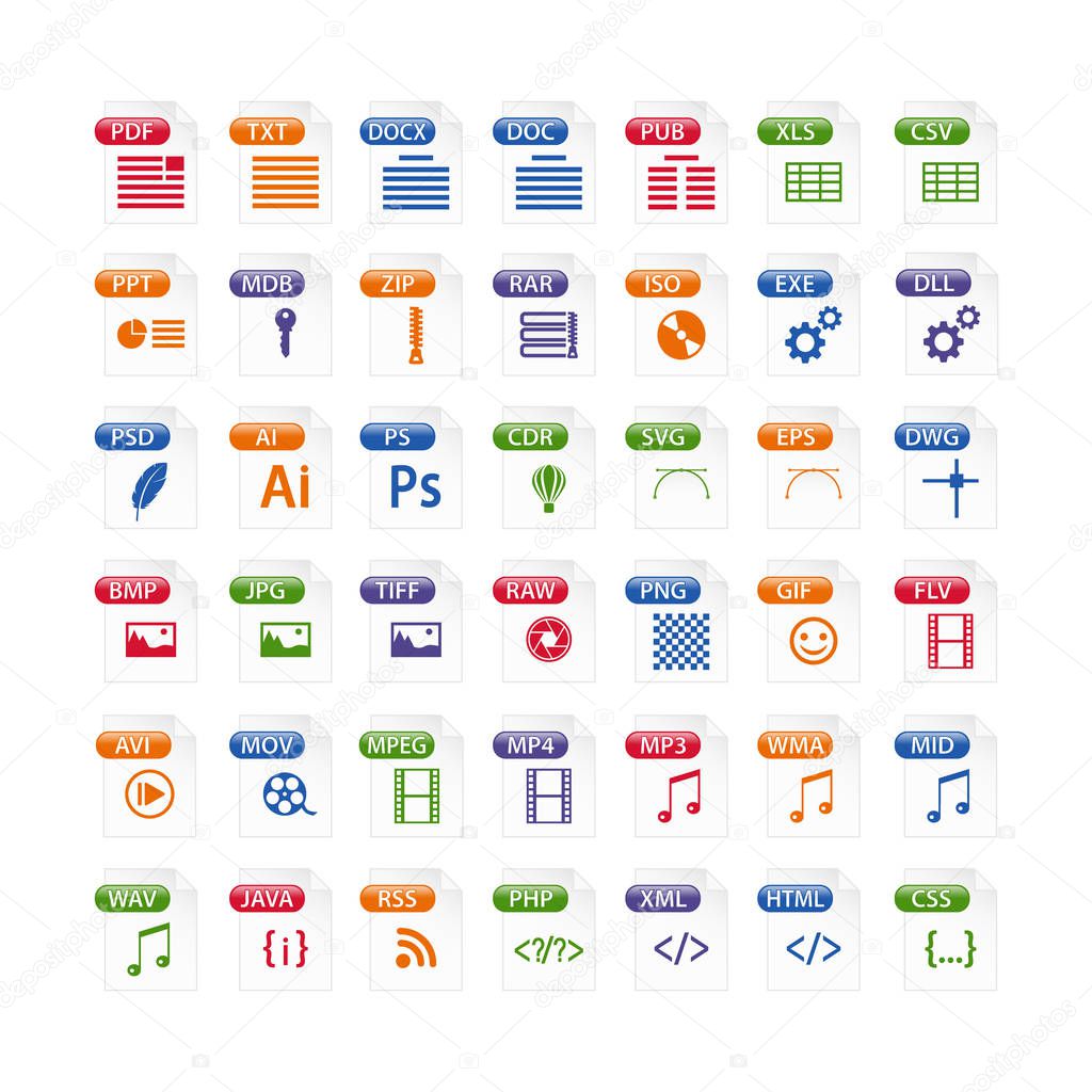 Colorful set of file type icons. file format icon set in color, files symbols buttons