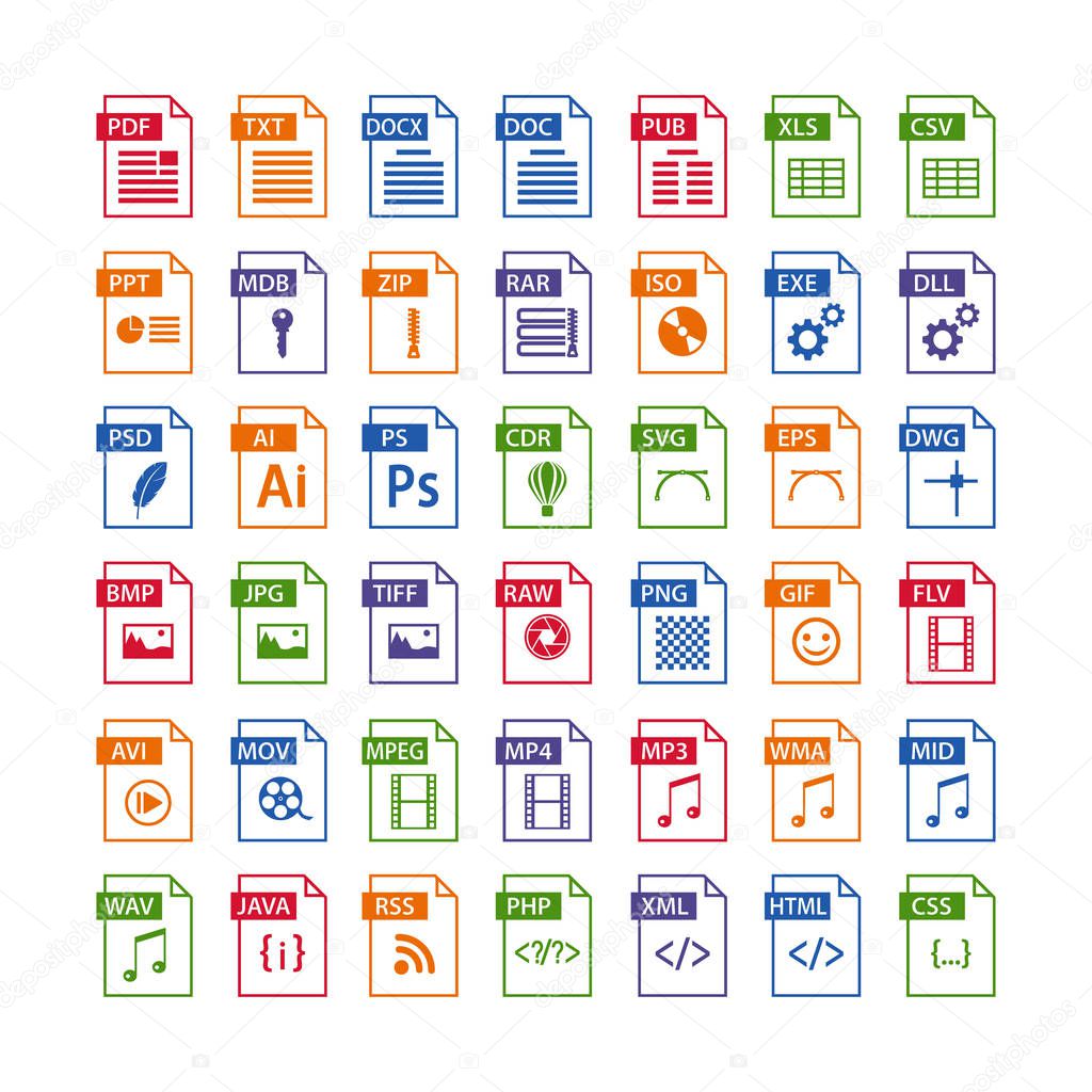 Colorful set of file type icons. file format icon set in color, files symbols buttons