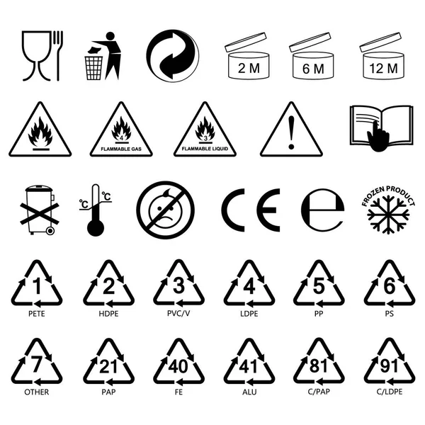 Información Empaque Iconos Etiquetas Símbolos Etiquetas Empaque Etiquetas Sin Color — Vector de stock