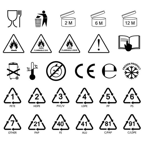 Información Empaque Iconos Etiquetas Símbolos Etiquetas Empaque Etiquetas Sin Color — Vector de stock