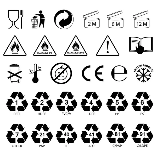 Información Empaque Iconos Etiquetas Símbolos Etiquetas Empaque Etiquetas Sin Color — Vector de stock